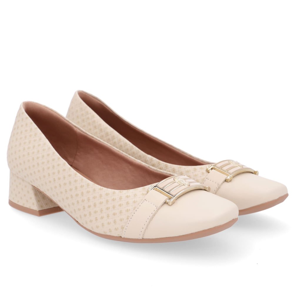 Scarpin Bege Salto Bloco Couro Detalhe Fivela Bege 2
