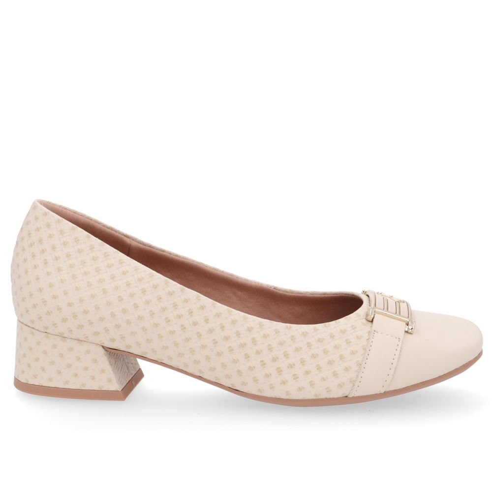 Scarpin Bege Salto Bloco Couro Detalhe Fivela Bege 1