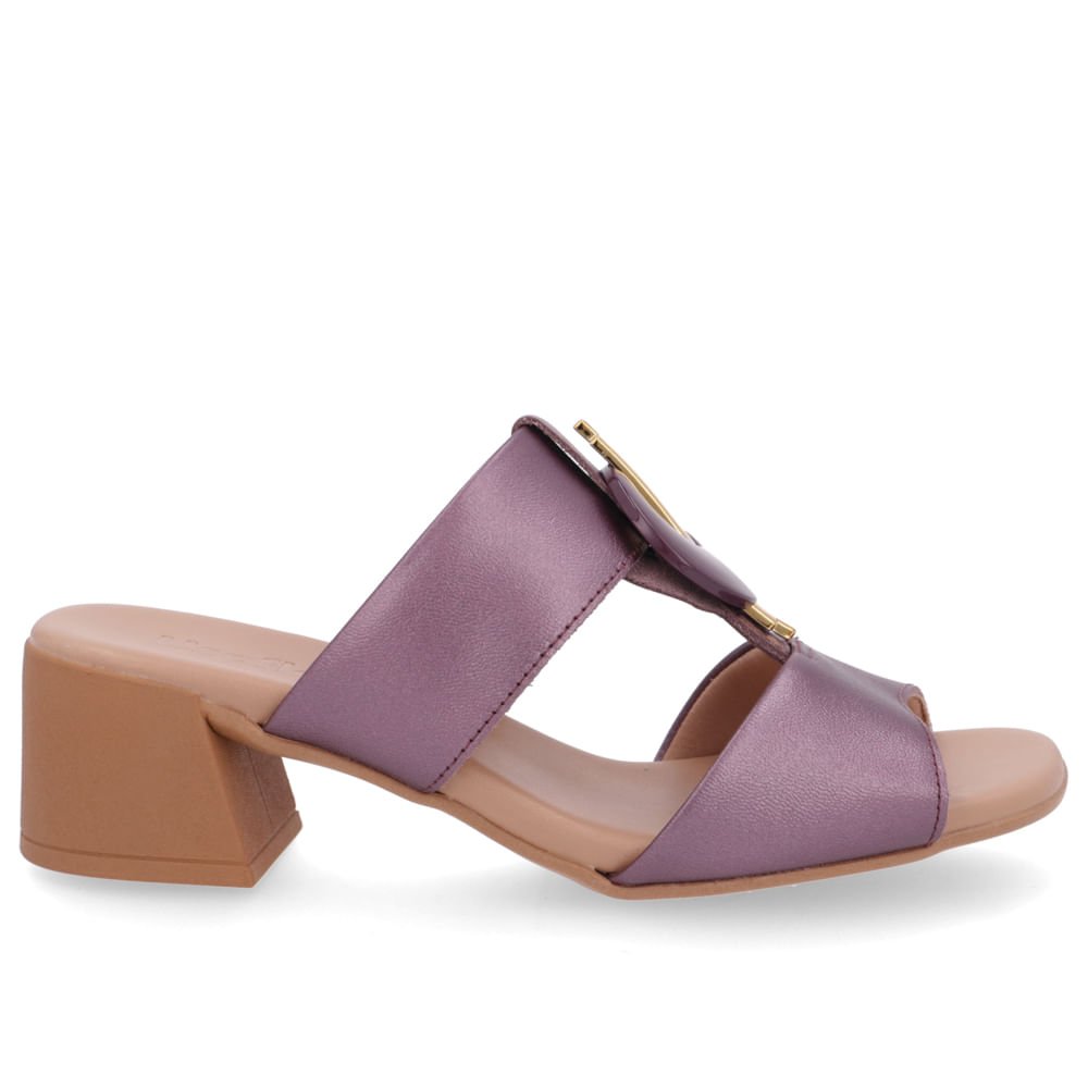 Tamanco Salto Bloco Couro Roxo Bico Quadrado