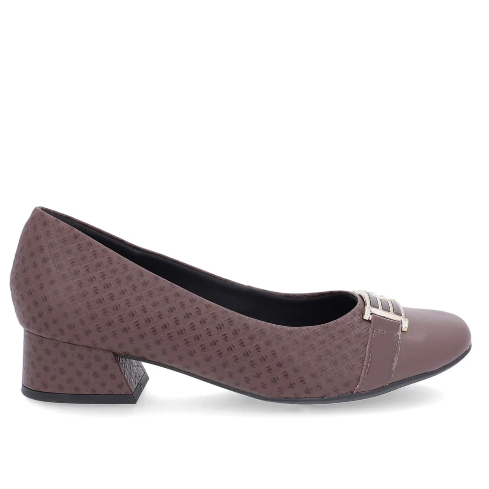 Scarpin Marrom Salto Bloco Couro Lateral Tecido