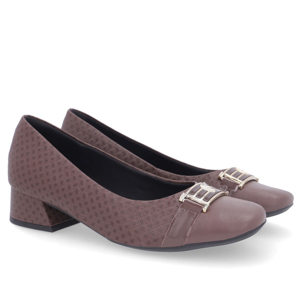 Scarpin Marrom Salto Bloco Couro Lateral Tecido Marrom 2
