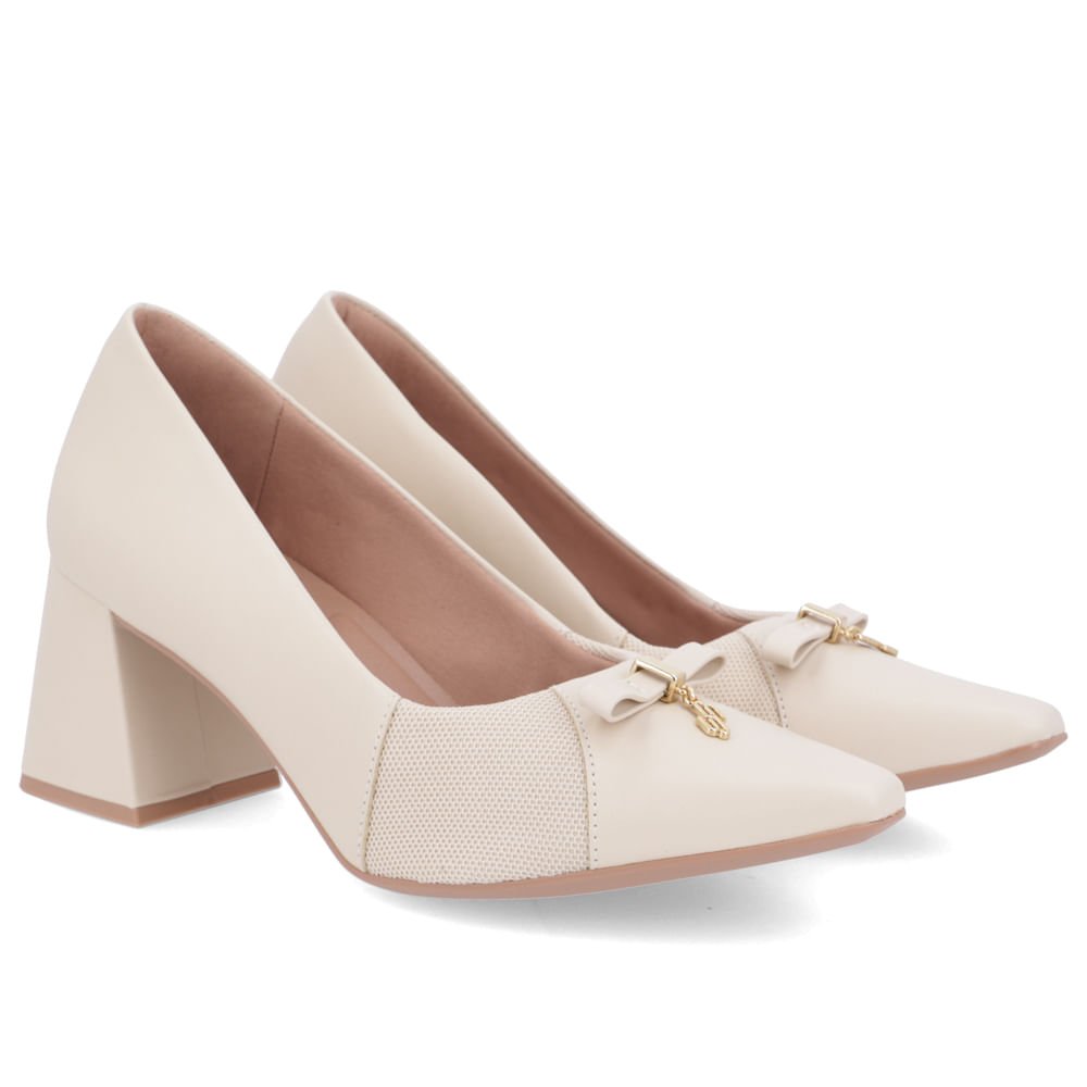 Scarpin Couro Bege Salto Bloco Pingente Bege 2
