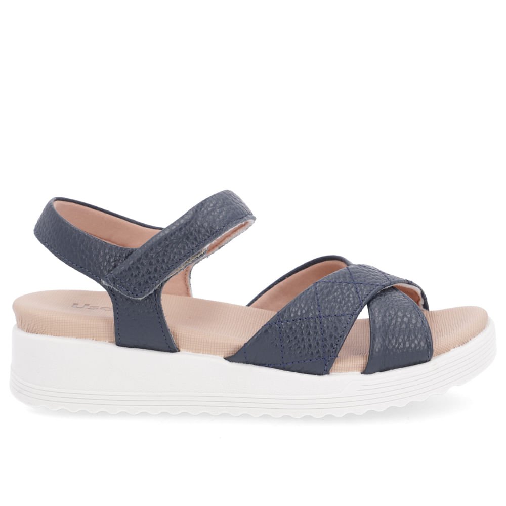 Sandália Usaflex Salto Plataforma Couro Azul Tira Cruzada Feminino