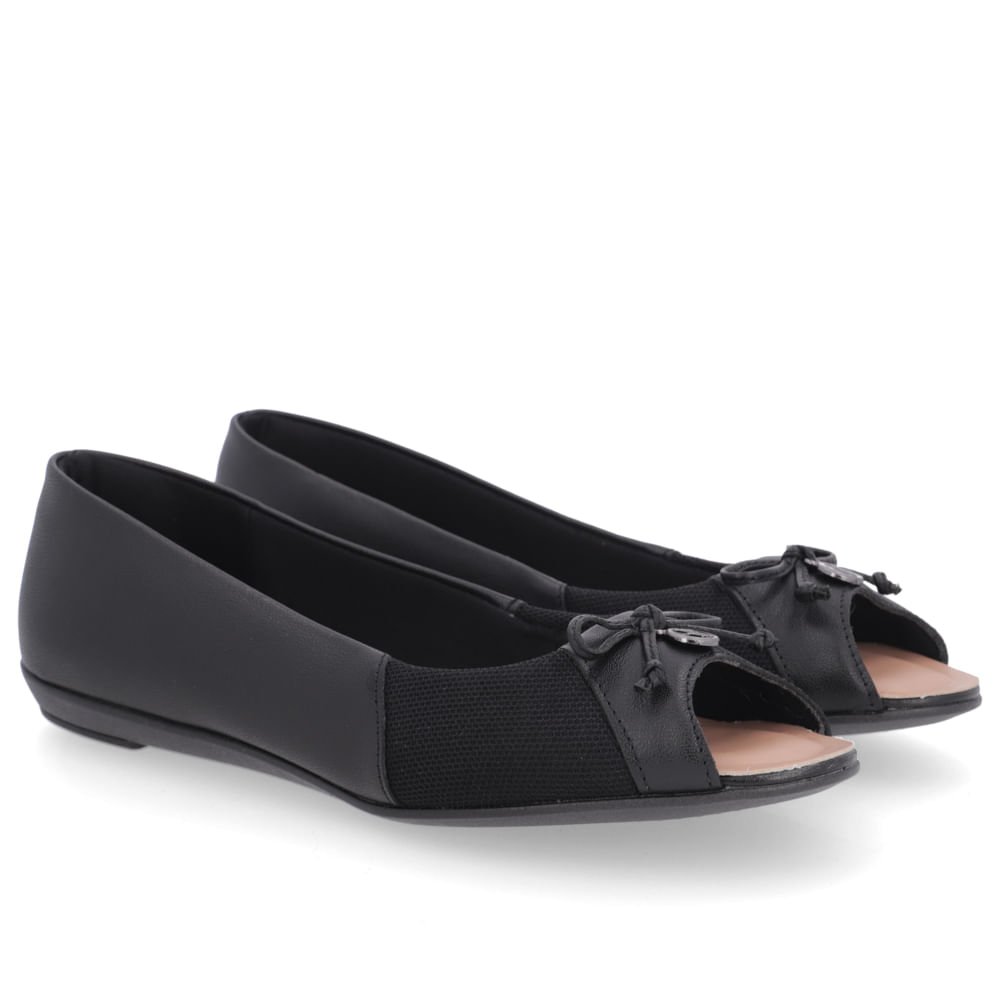 Peep Toe Salto Rasteiro Preto Couro Preto 2