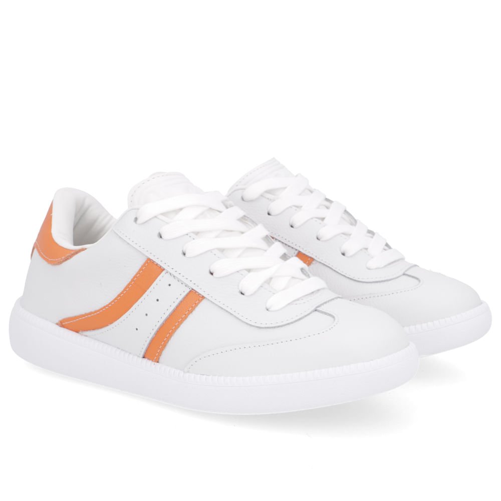 Tênis Clássico Branco Couro Detalhe Laranja Branco 2