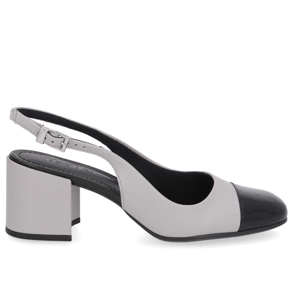 Slingback Cinza Preto Salto Bloco Couro
