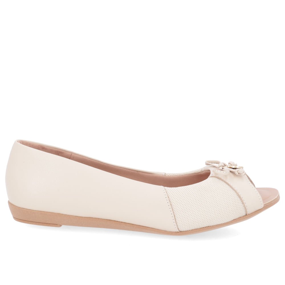 Peep Toe Salto Rasteiro Bege Couro
