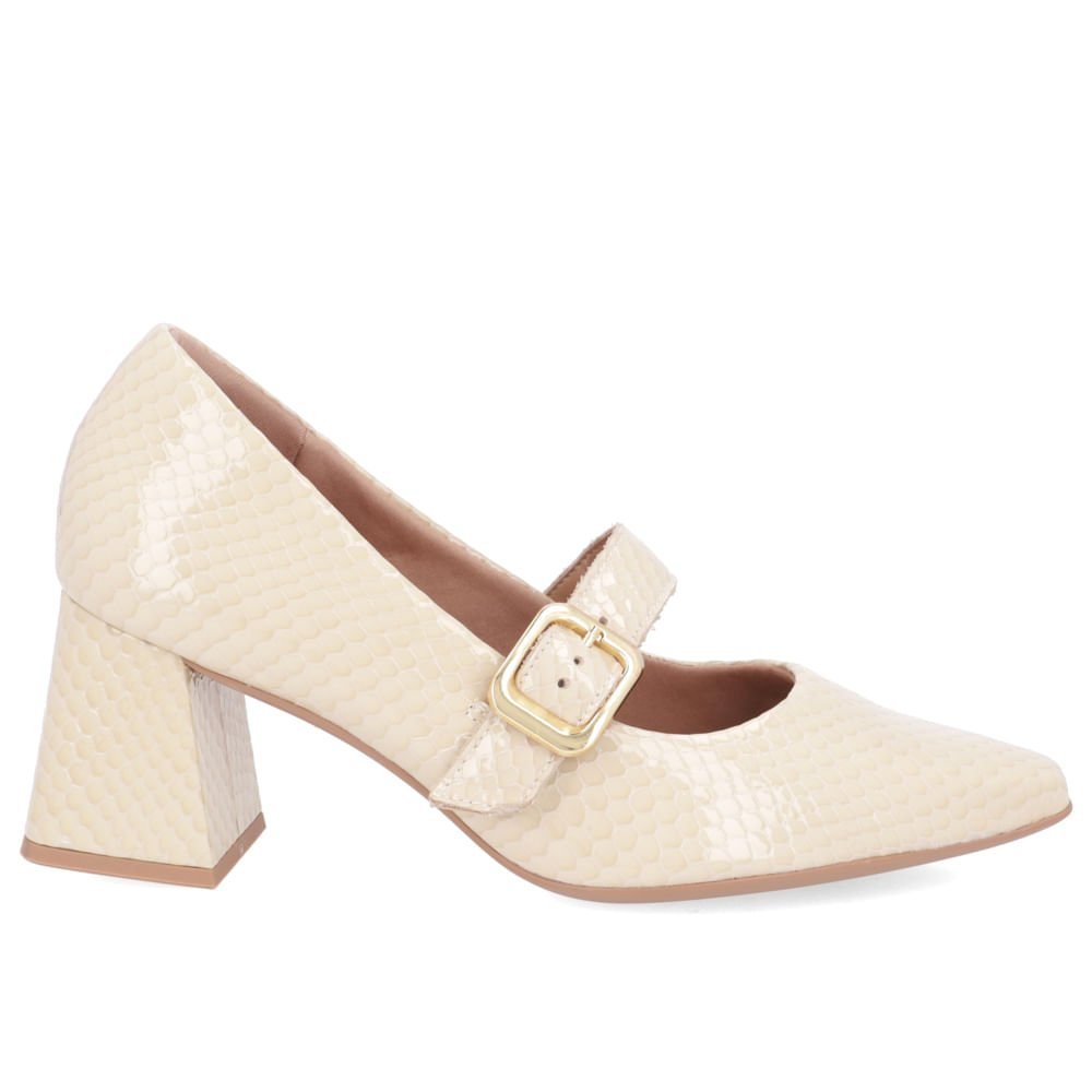 Scarpin Couro Bege Bico Fino Fivela