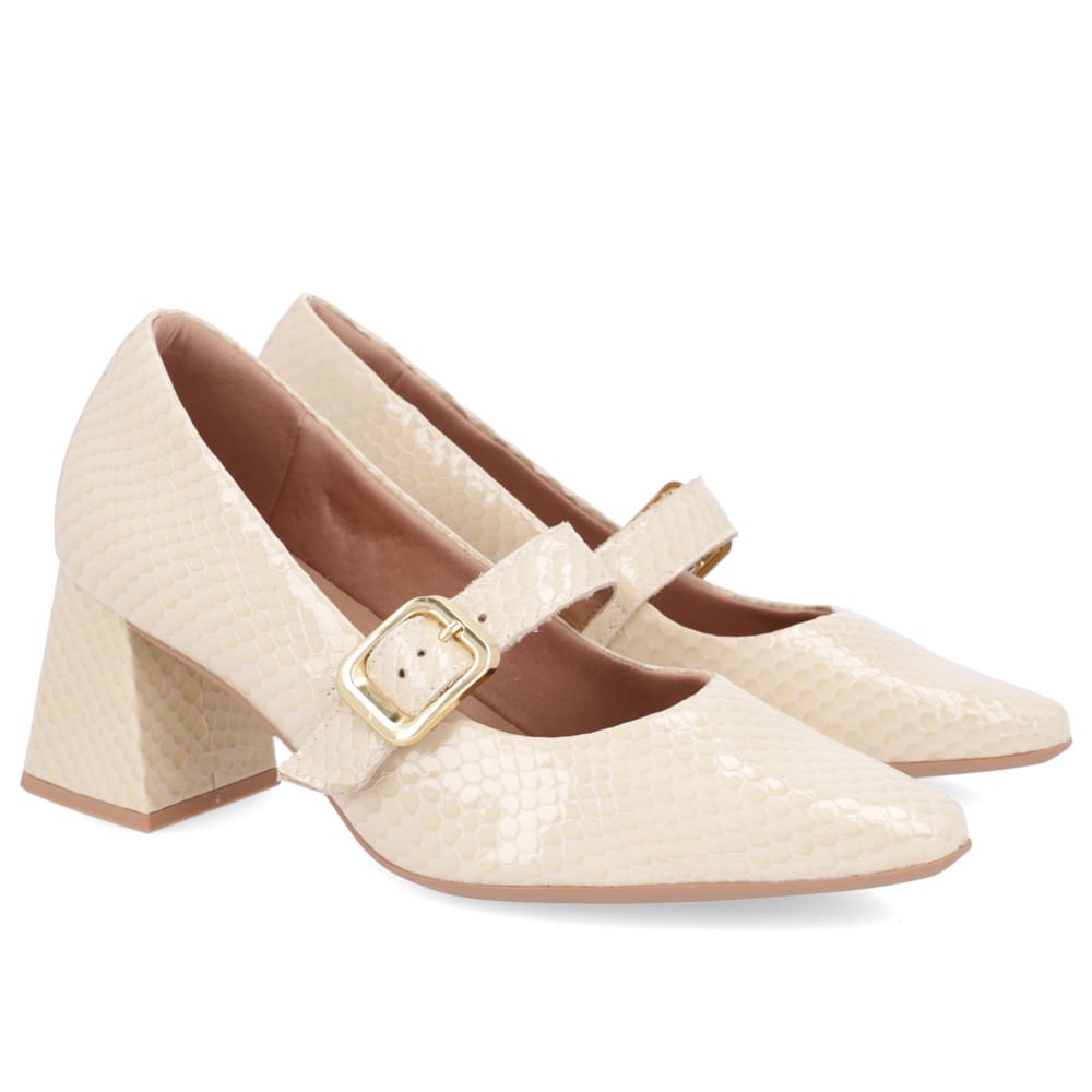 Scarpin Couro Bege Bico Fino Fivela Bege 2