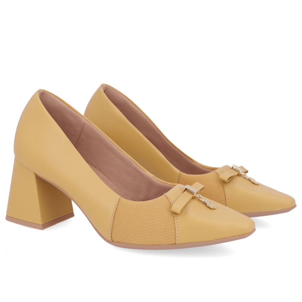 Scarpin Couro Amarelo Mel Salto Bloco Pingente Amarelo 2