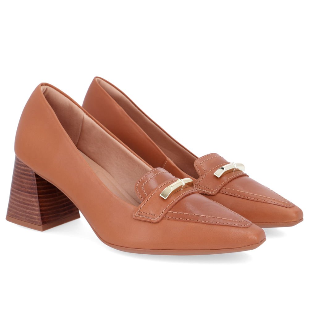 Scarpin Couro Marrom Salto Bloco Casual Marrom 2