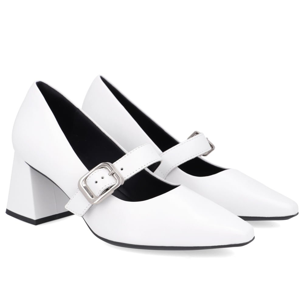 Scarpin Couro Branco Bico Fino Fivela Branco 2