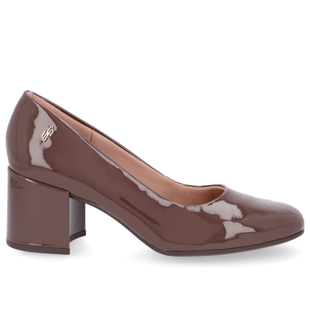 Scarpin Couro Verniz Marrom Salto Bloco Liso Marrom 1