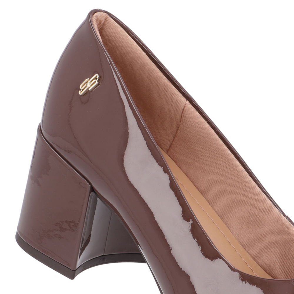 Scarpin Couro Verniz Marrom Salto Bloco Liso Marrom 4