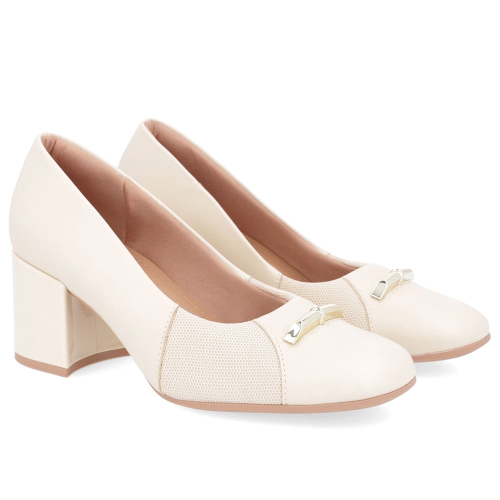 Scarpin Couro Bege Salto Bloco Bege 2