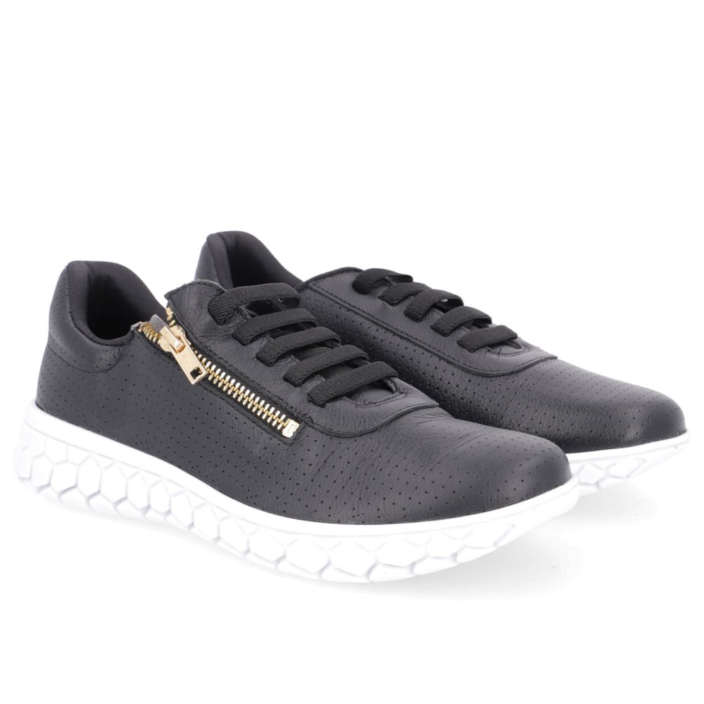 Tênis Slip On Preto Couro Sola Branca Zíper Preto 2