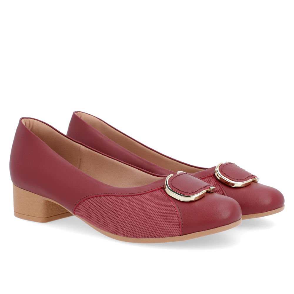 Scarpin Couro Vermelho Salto Bloco Tecido Bordô 2
