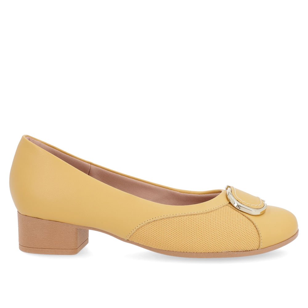 Scarpin Couro Amarelo Mel Salto Bloco Tecido Amarelo 1