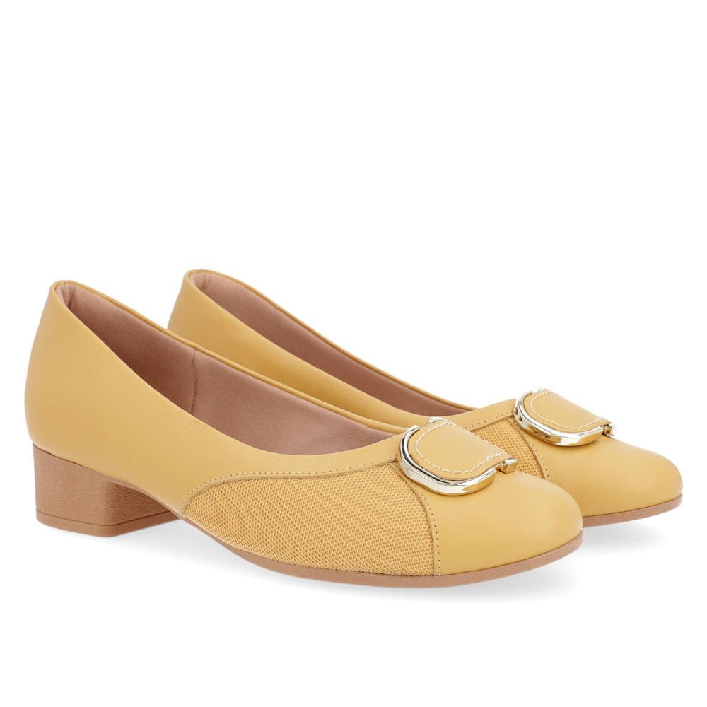 Scarpin Couro Amarelo Mel Salto Bloco Tecido Amarelo 2
