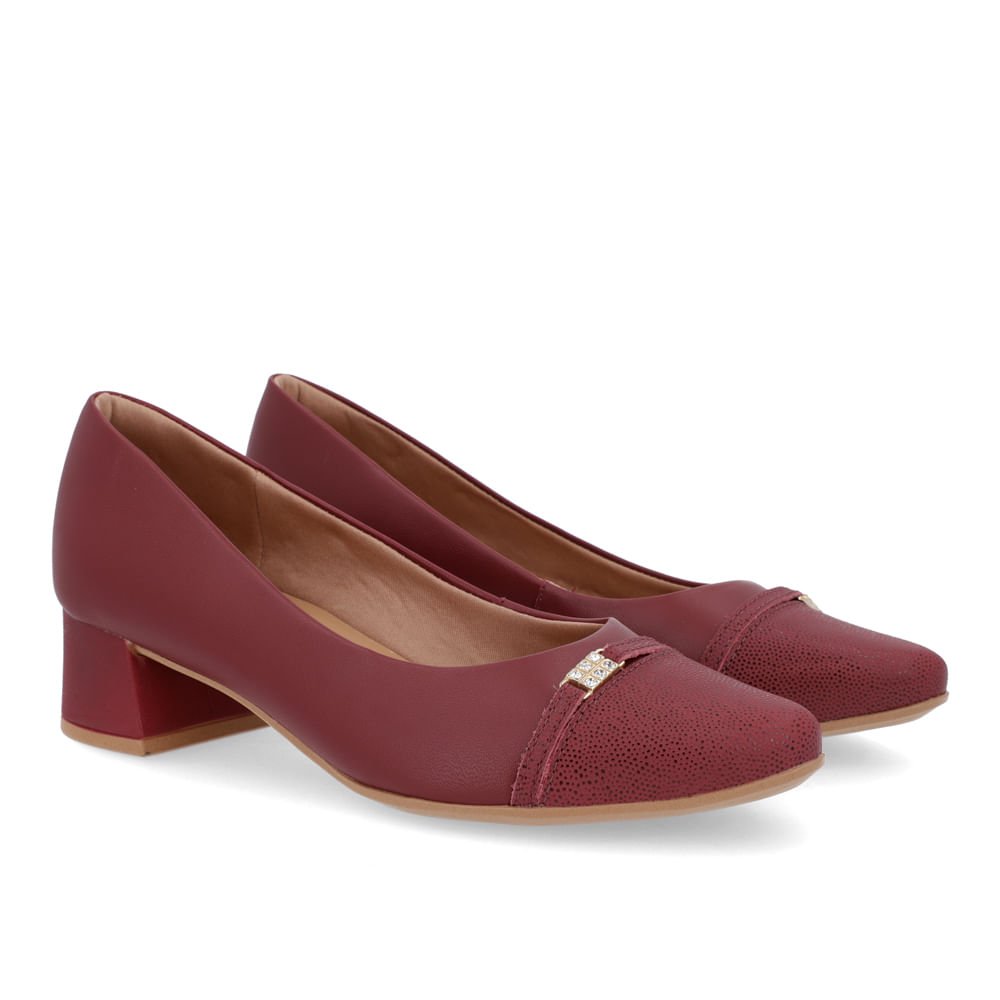 Scarpin Couro Vermelho Salto Bloco Bico Redondo Bordô 2