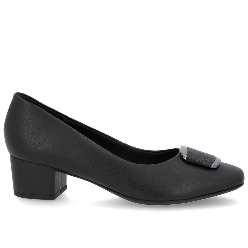 Scarpin Couro Preto Salto Bloco Enfeite