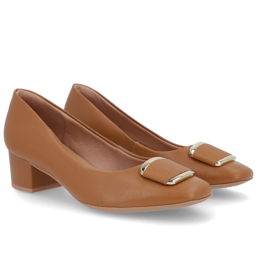 Scarpin Couro Marrom Salto Bloco Enfeite Marrom 2