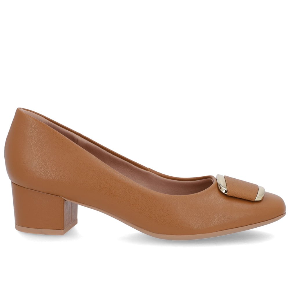 Scarpin Couro Marrom Salto Bloco Enfeite Marrom 2