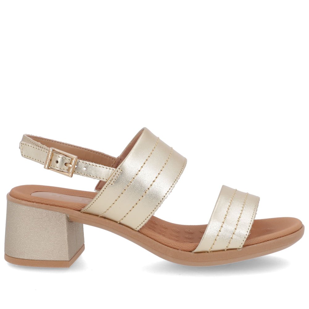 Sandália Salto Bloco Couro Dourado Ajuste Fivela