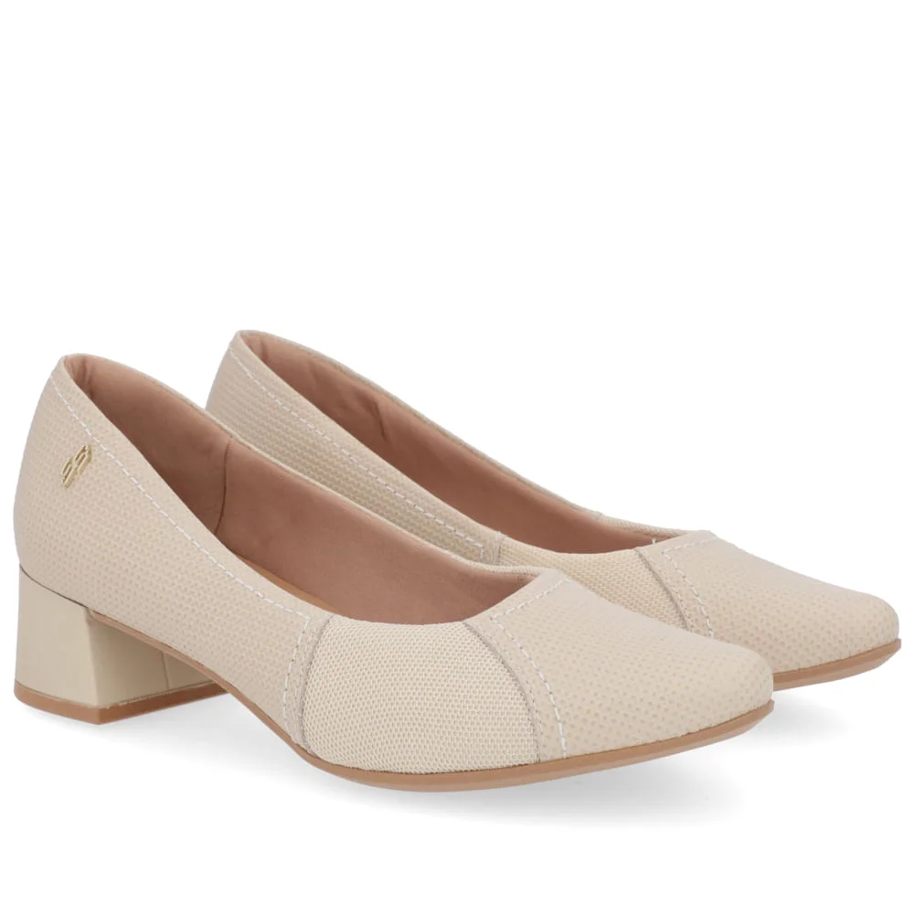 Scarpin Salto Bloco Bege Tecido Bege 2