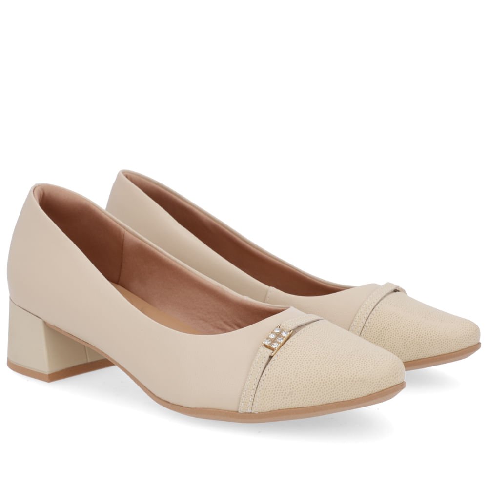 Scarpin Couro Bege Salto Bloco Bico Redondo Bege 2