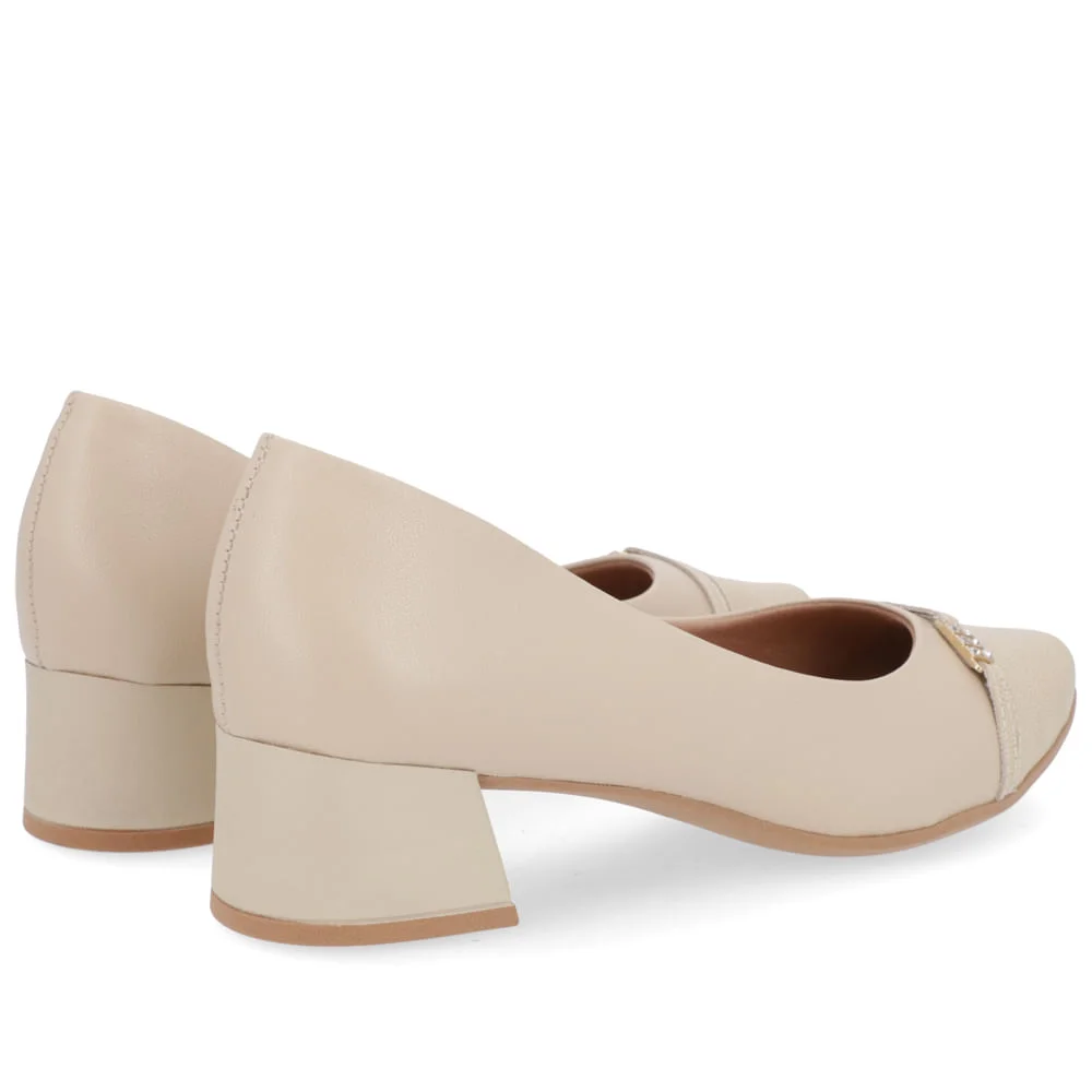 Scarpin Couro Bege Salto Bloco Bico Redondo Bege 3
