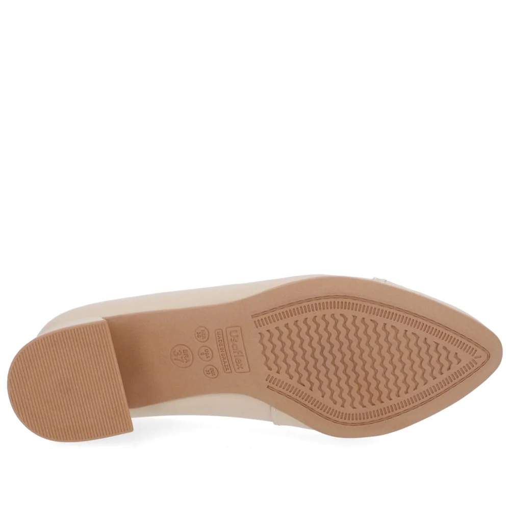 Scarpin Couro Bege Salto Bloco Bico Redondo Bege 5
