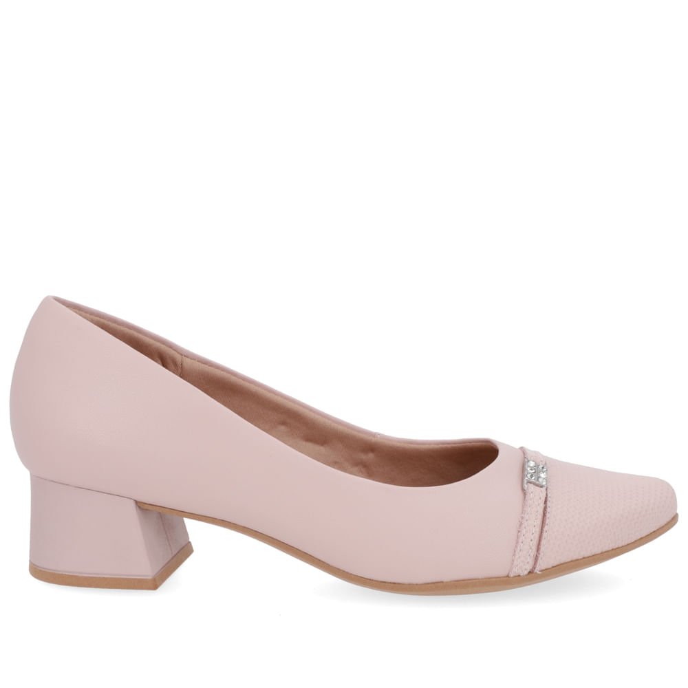 Scarpin Couro Rosa Salto Bloco Bico Redondo