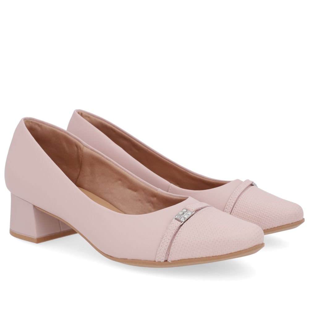 Scarpin Couro Rosa Salto Bloco Bico Redondo Rosa 2