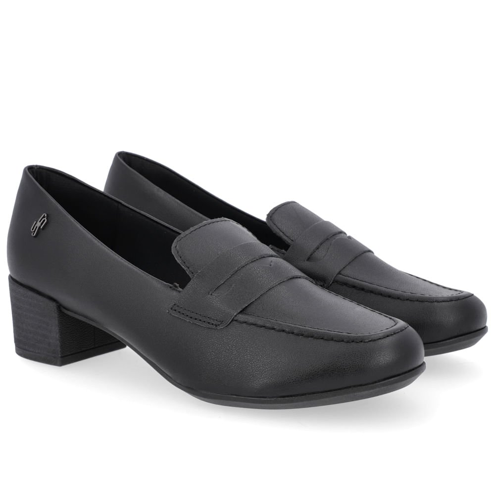 Loafer Preto Salto Bloco Couro Tira Recorte Preto 2