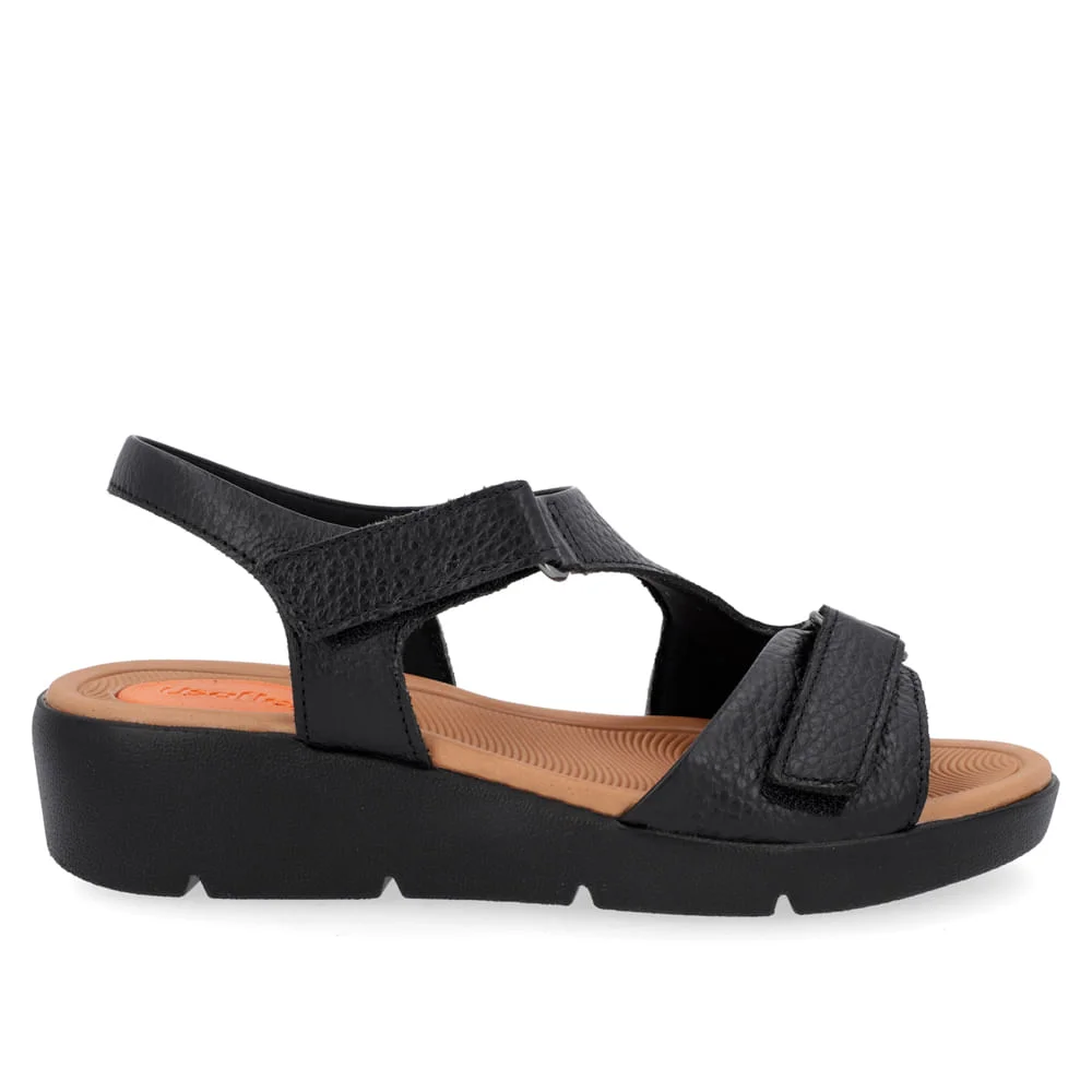 Sandália Plataforma Couro Preto Ajuste Fecho-Flex