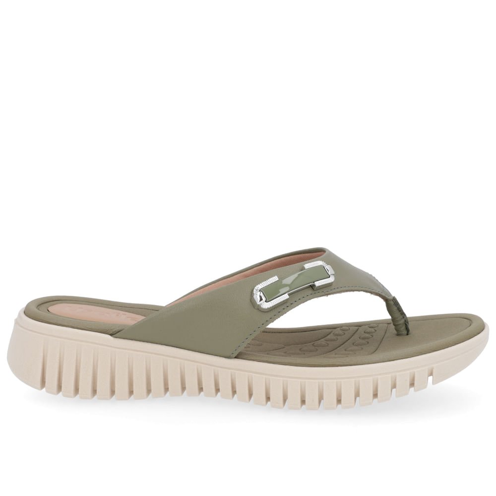 Chinelo Salto Plataforma Couro Verde Militar Enfeite