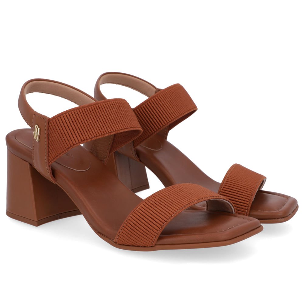 Sandália Salto Bloco Couro Marrom Tira Elástico Marrom 2