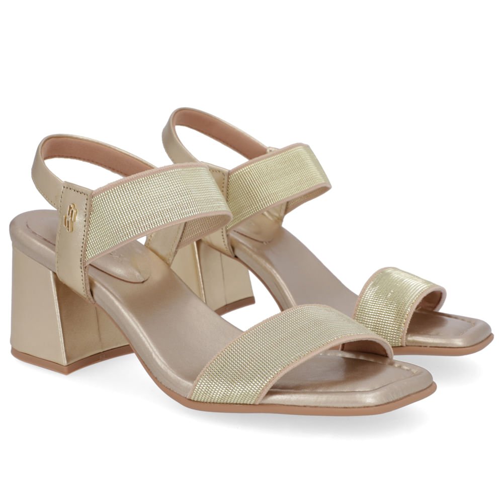 Sandália Salto Bloco Couro Dourado Tira Elástico Dourado 2