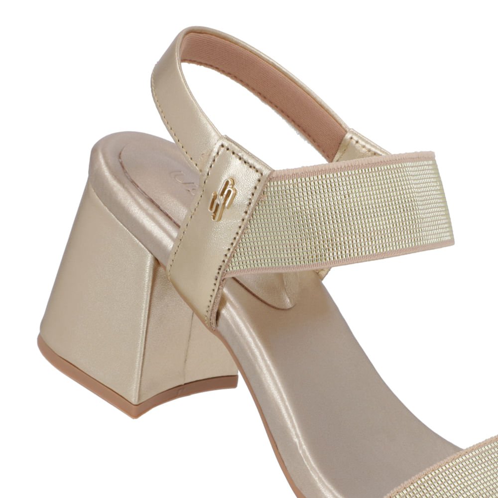 Sandália Salto Bloco Couro Dourado Tira Elástico Dourado 4