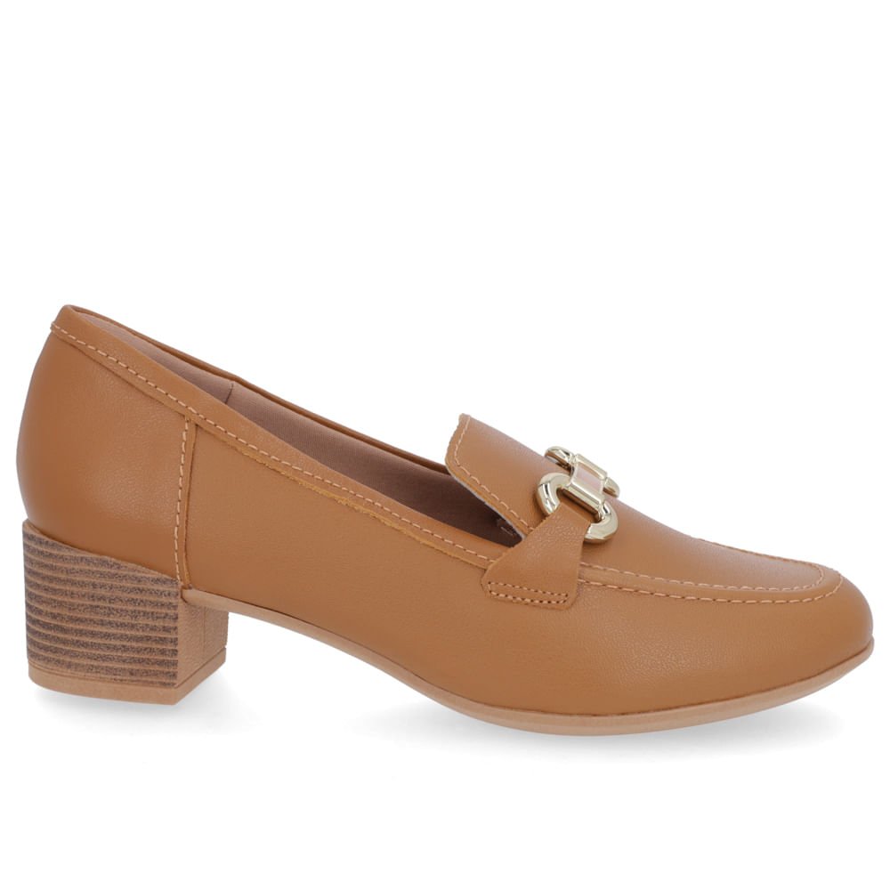 Loafer Marrom Salto Bloco Couro Enfeite
