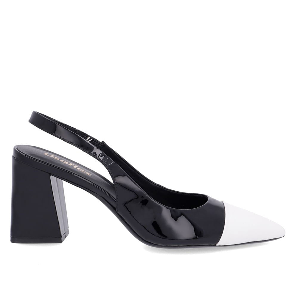 Slingback Preto Branco Salto Bloco Couro Bico Fino Preto 1