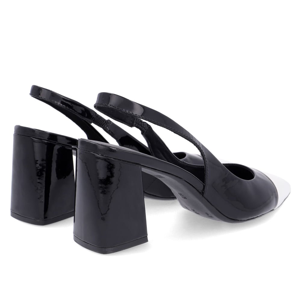 Slingback Preto Branco Salto Bloco Couro Bico Fino Preto 3