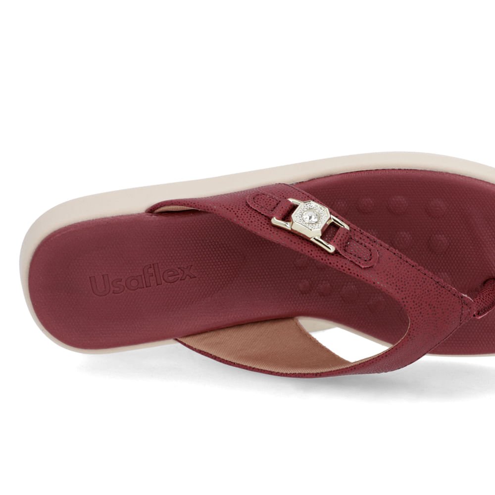 Chinelo Básico Couro Vermelho Enfeite Bordô 4