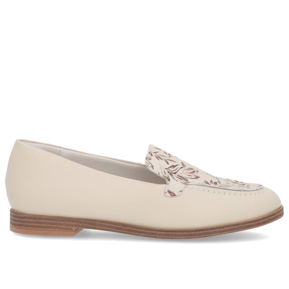 Loafer Bege Salto Bloco Couro Floral Bege 2