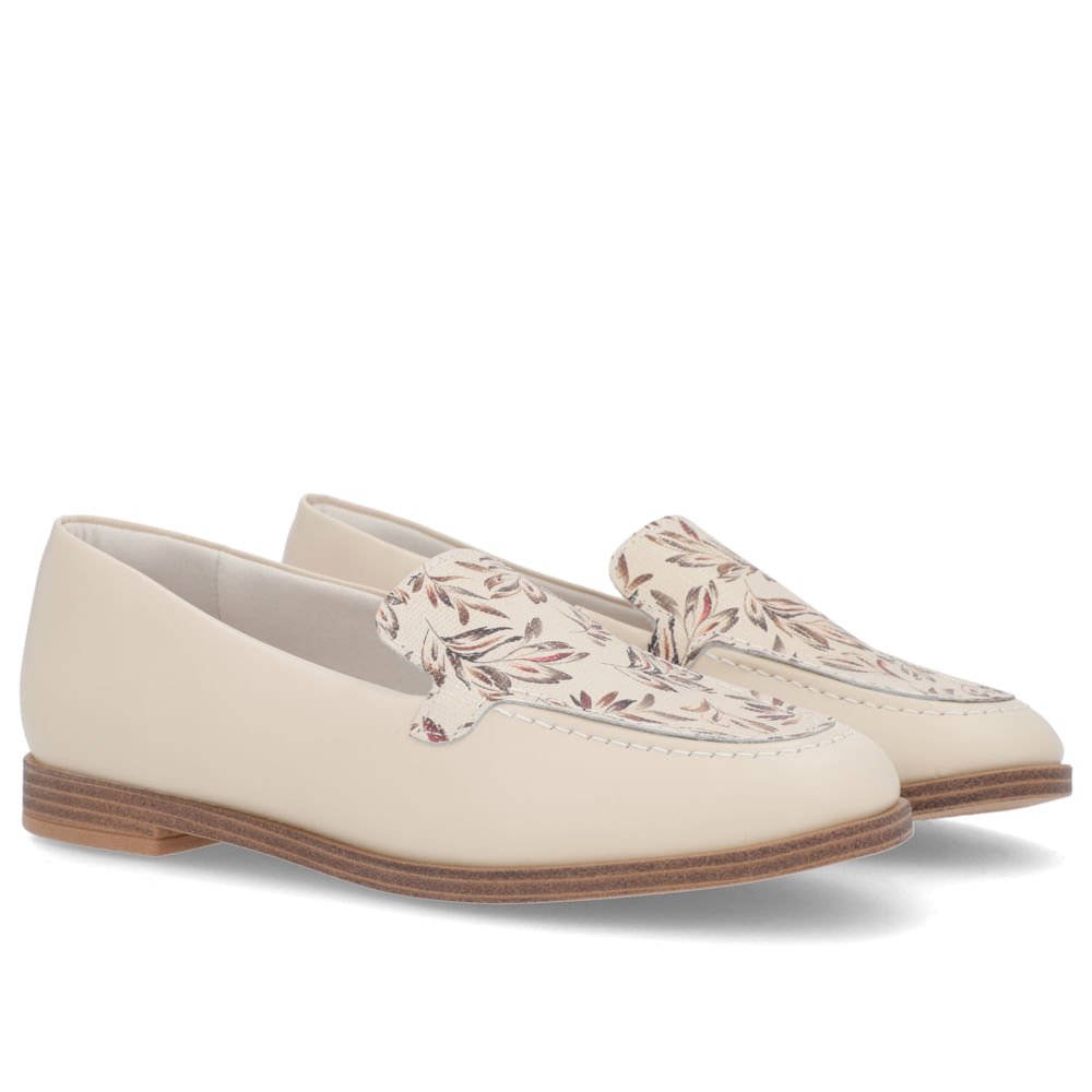 Loafer Bege Salto Bloco Couro Floral Bege 3