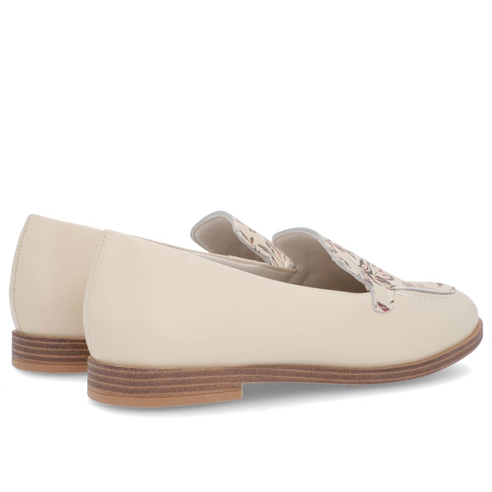 Loafer Bege Salto Bloco Couro Floral Bege 4