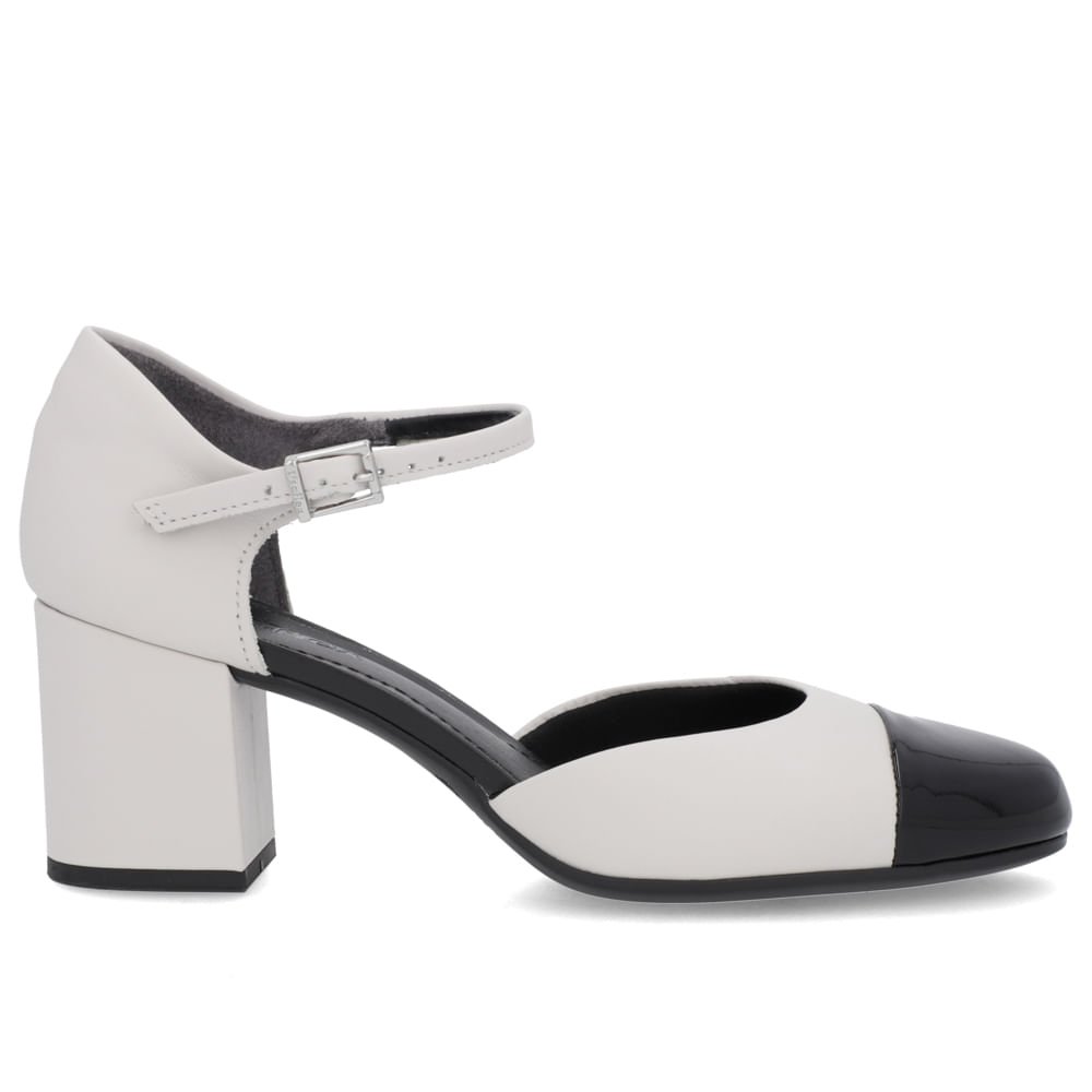 Scarpin Couro Preto Branco Salto Bloco