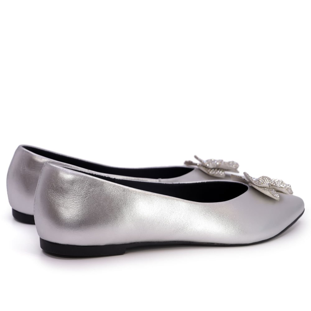 Sapatilha Metalizada Prata Couro Strass Prata 3