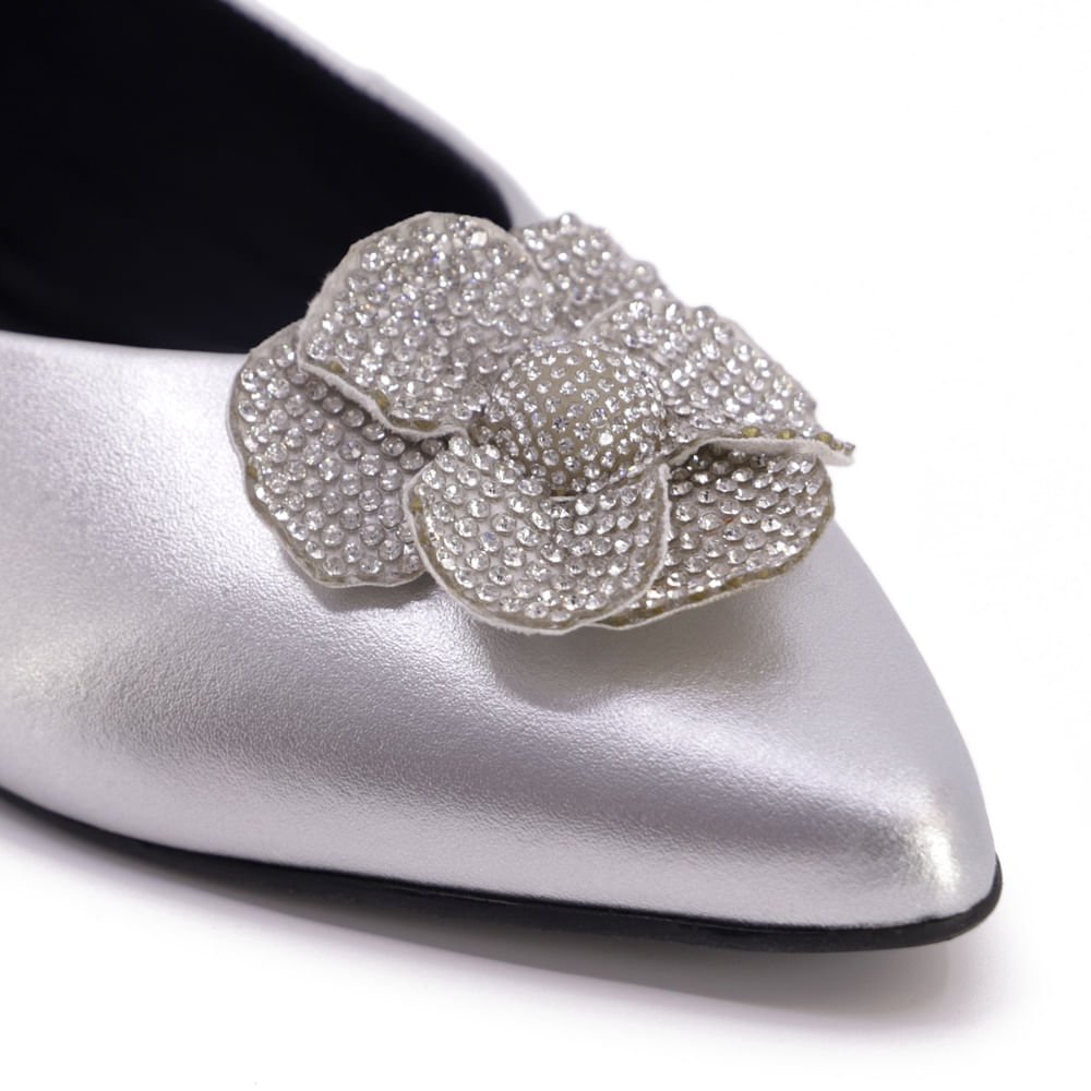 Sapatilha Metalizada Prata Couro Strass Prata 4